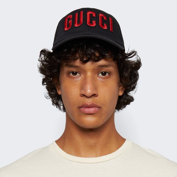 NEW GUCCI Embroidered Logo Baseball Cap Hat Black Red Size S / 57 cm Authentic - Picture 2 of 10